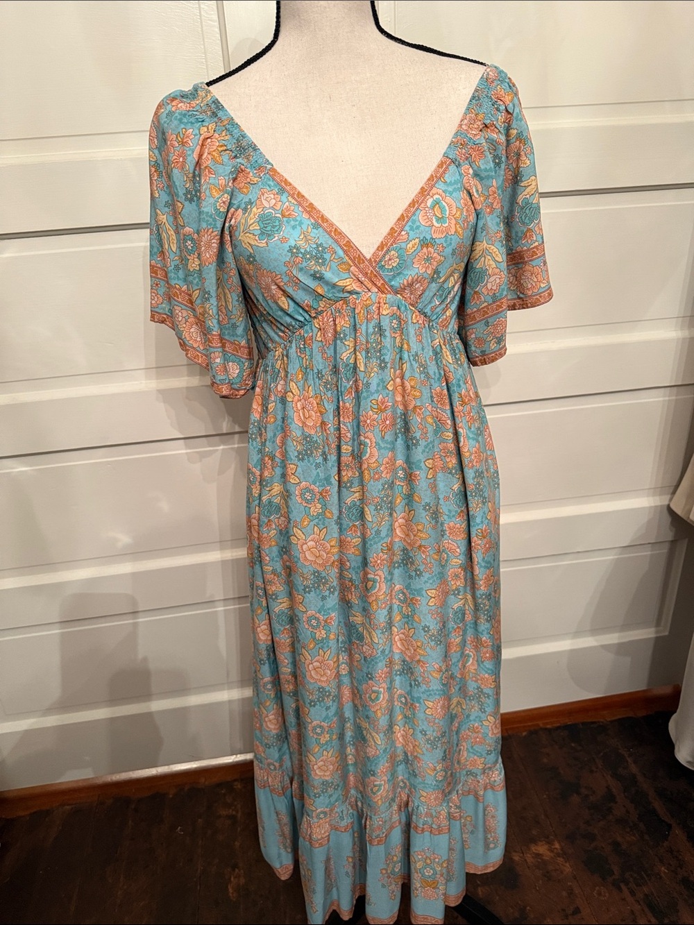 In Loom Blue Floral Boho Maxi Dress Cottagecore fairy Flutter Sleeve Medium